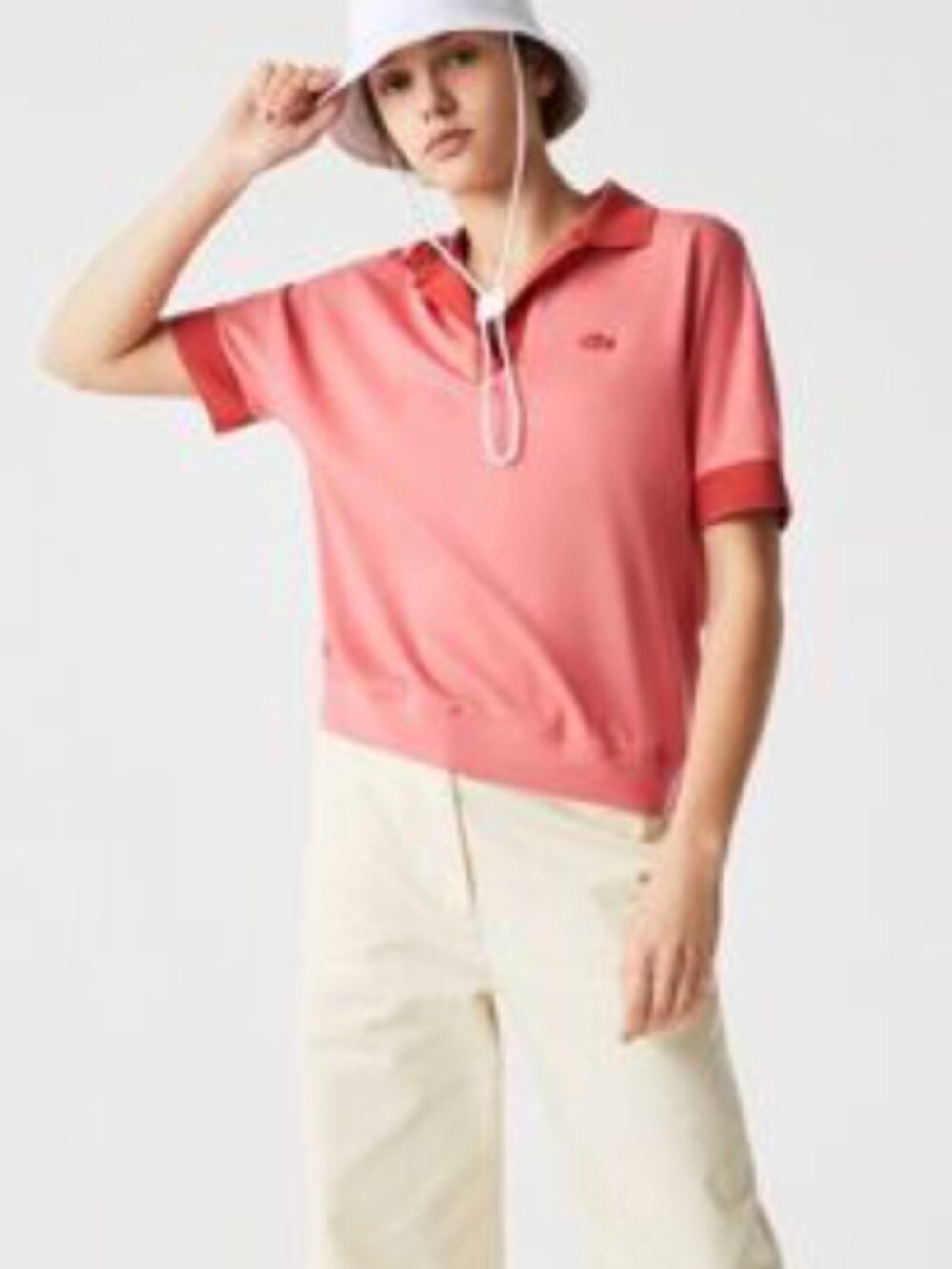 Lacoste Women's Loose Fit Open Collar Flowing Piqué Polo - Coral Pink / Red - XS